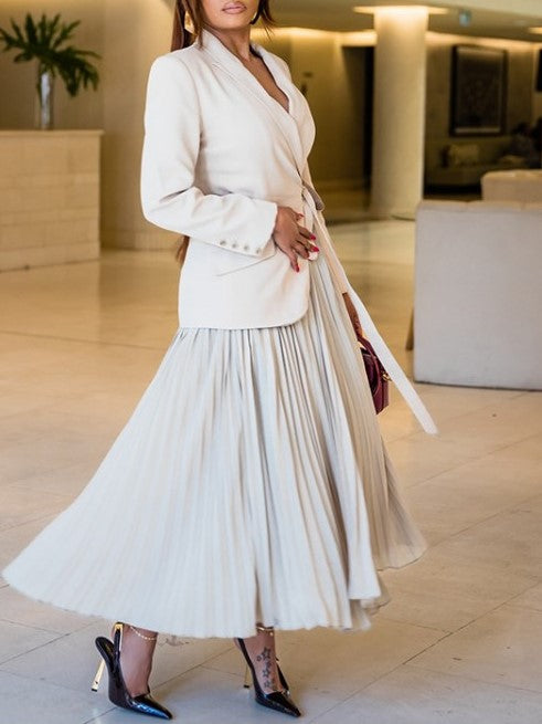 Modern Pleated Long Sleeve Blazer Skirt Set