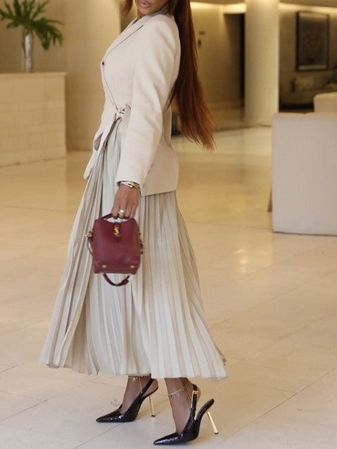 Modern Pleated Long Sleeve Blazer Skirt Set