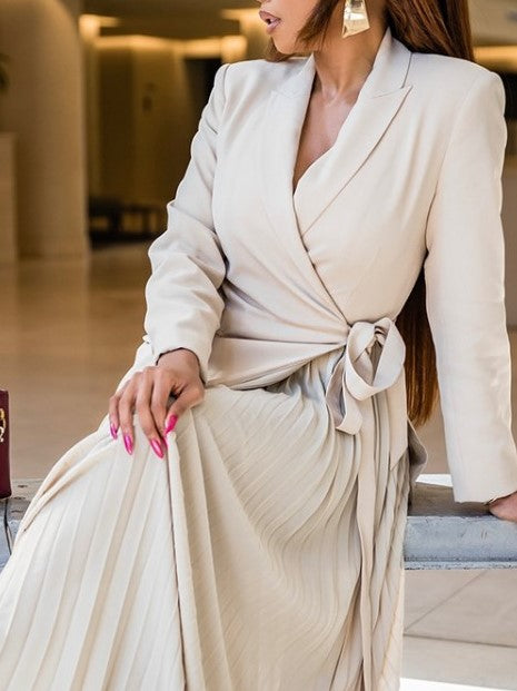 Modern Pleated Long Sleeve Blazer Skirt Set