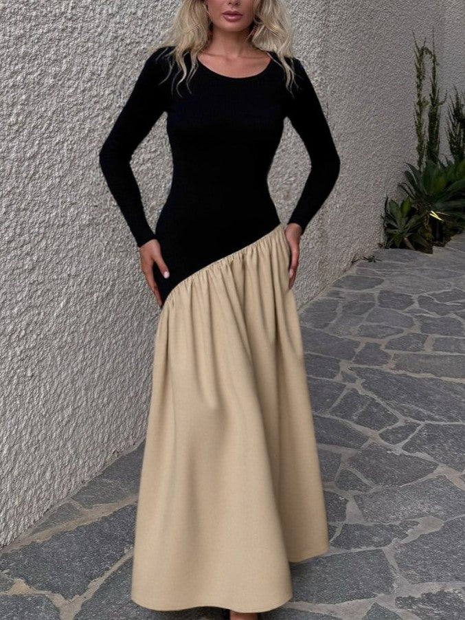 Modern Ruched Long Sleeve Contrast Color Maxi Dress