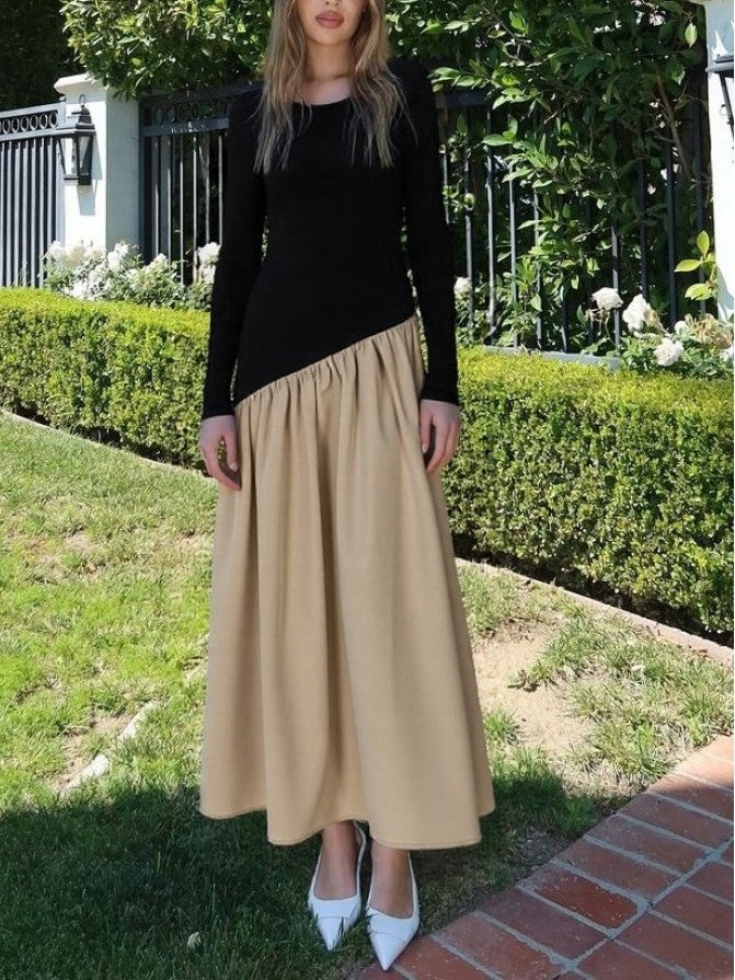 Modern Ruched Long Sleeve Contrast Color Maxi Dress