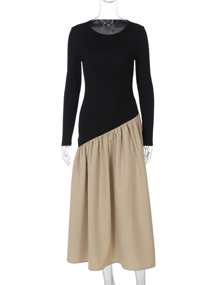 Modern Ruched Long Sleeve Contrast Color Maxi Dress