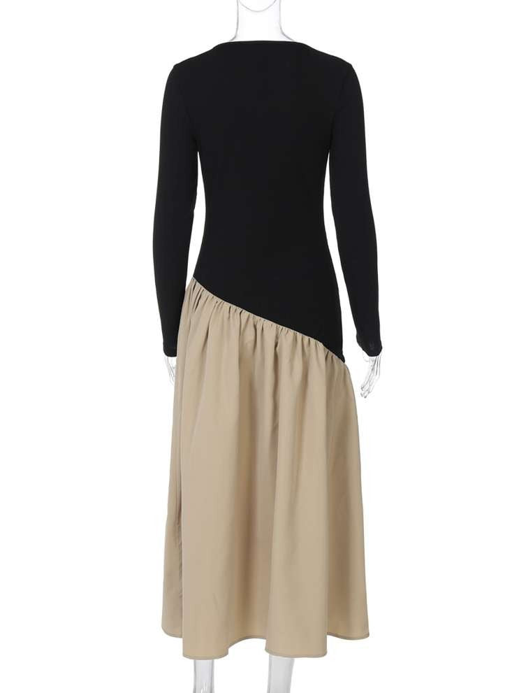 Modern Ruched Long Sleeve Contrast Color Maxi Dress