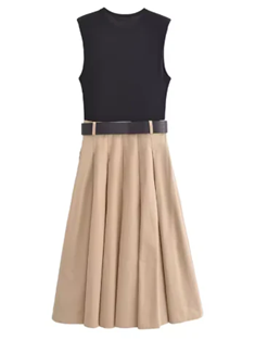New Arrival Dual Tone Pleated Dress With Belt