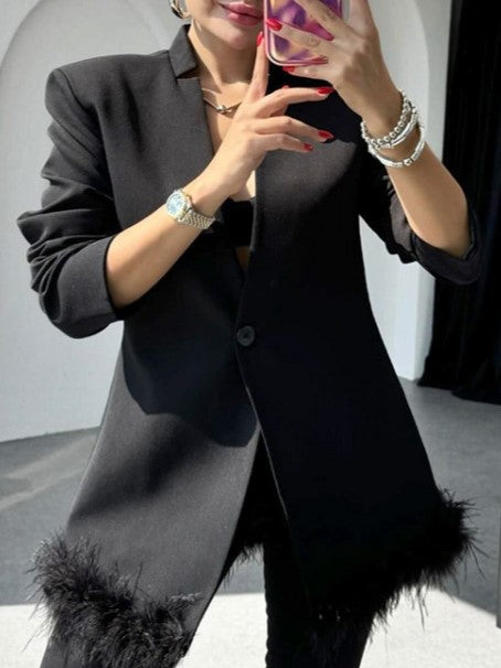 New Arrival Fur Patchwork Black Lapel Blazer