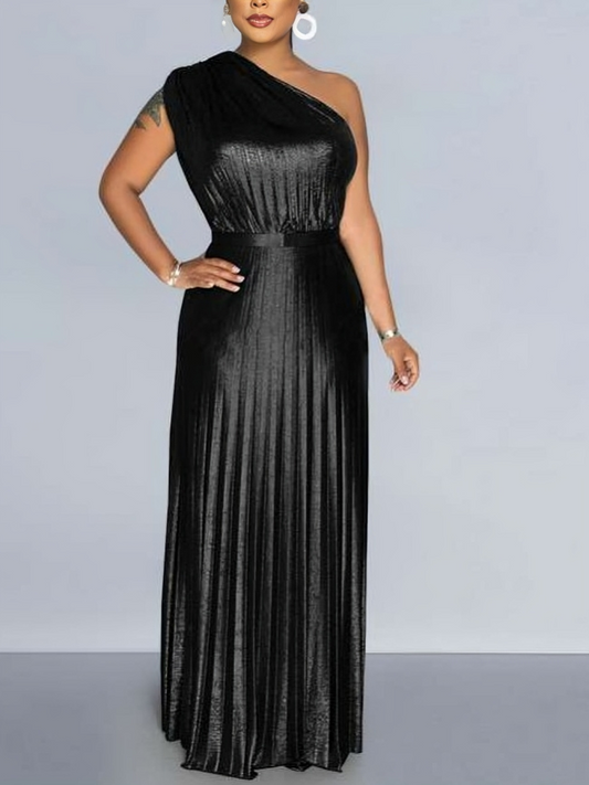 Party Fashion Metallic One Shoulder Pleated Maxi Dress