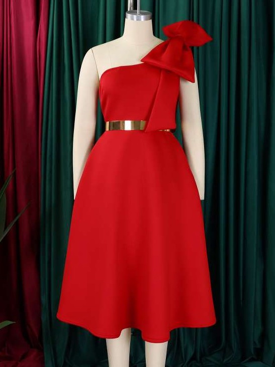 Party Fashion One Shoulder Bow Swing Red Midi Dress