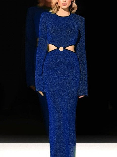 Party Wear Shiny Blue Hollow Out Long Sleeve Maxi Dress
