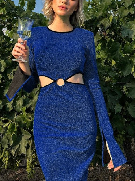 Party Wear Shiny Blue Hollow Out Long Sleeve Maxi Dress