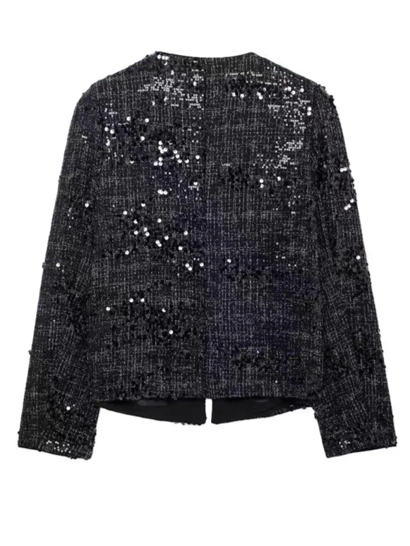 Party Wear Tweed Sequin Rhinestone Button Decor Blazer Jacket