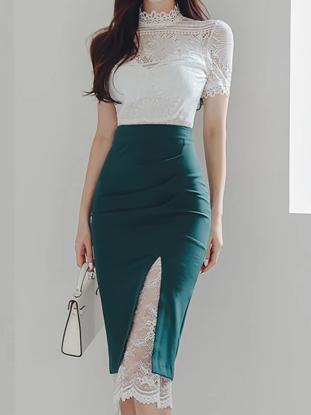 Polished White Lace Top With Skirt Co ord Set