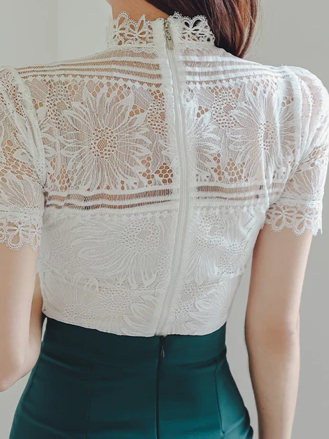 Polished White Lace Top With Skirt Co ord Set