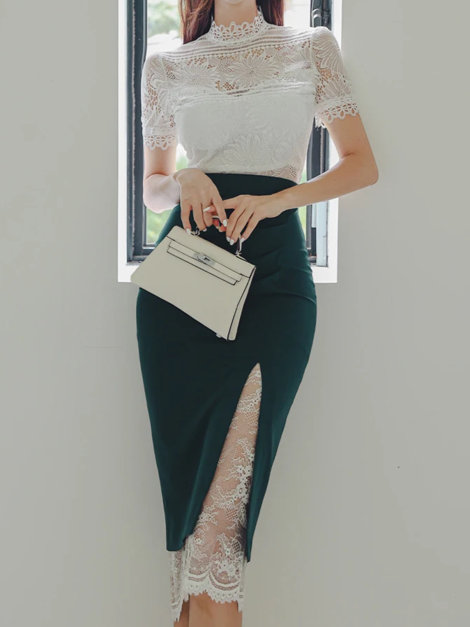 Polished White Lace Top With Skirt Co ord Set