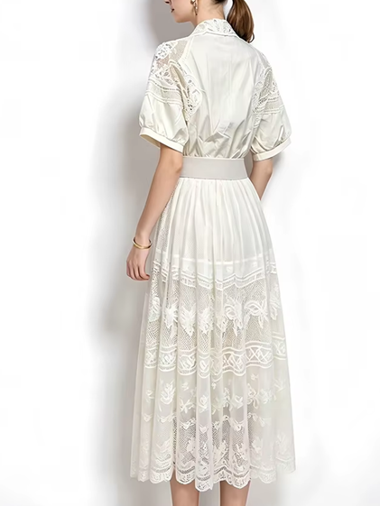Premium Fashion French Short Sleeve Lace Lapel Collar Apricot Party Dress