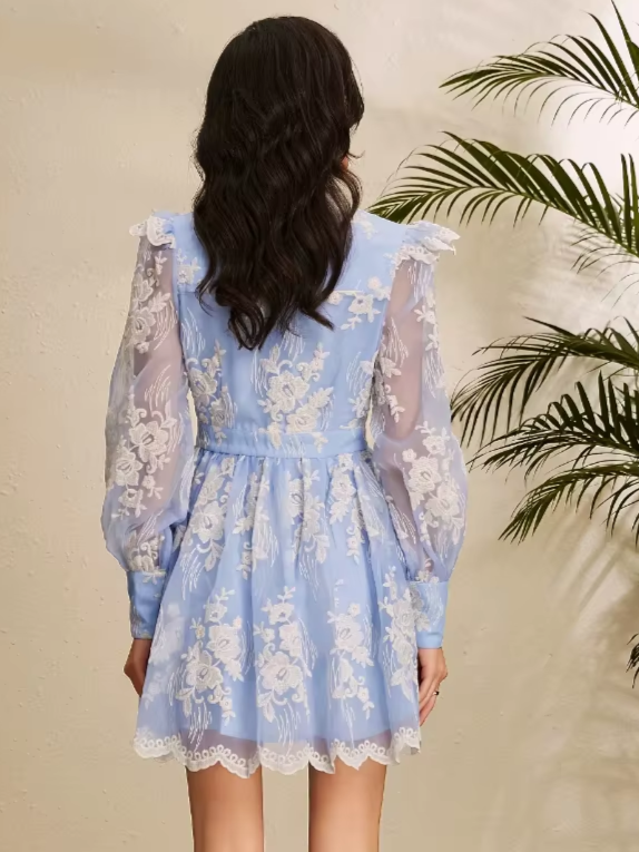 Premium Fashion V-neck Lantern Sleeves Embroidered Floral Hollow Out Lace Single Breasted Blue Dress