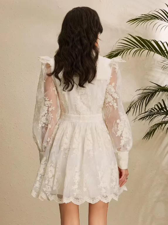 Premium Fashion V-neck Lantern Sleeves Embroidered Floral Hollow Out Lace Single Breasted Apricot Dress