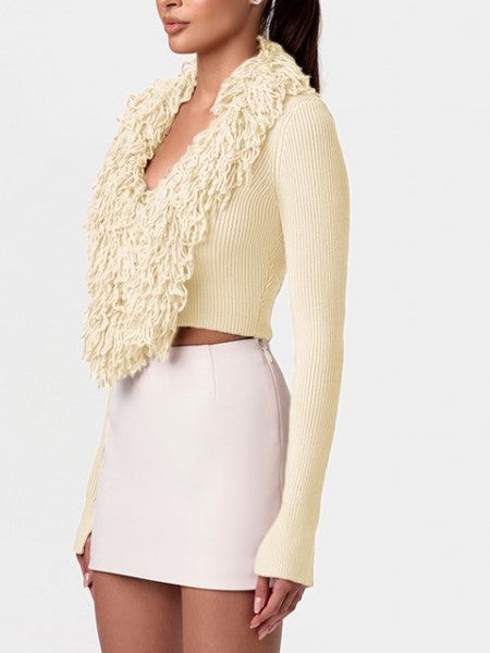 Premium Winter Fashion Fluff Tassel Bodycon Apricot Cropped Cardigan