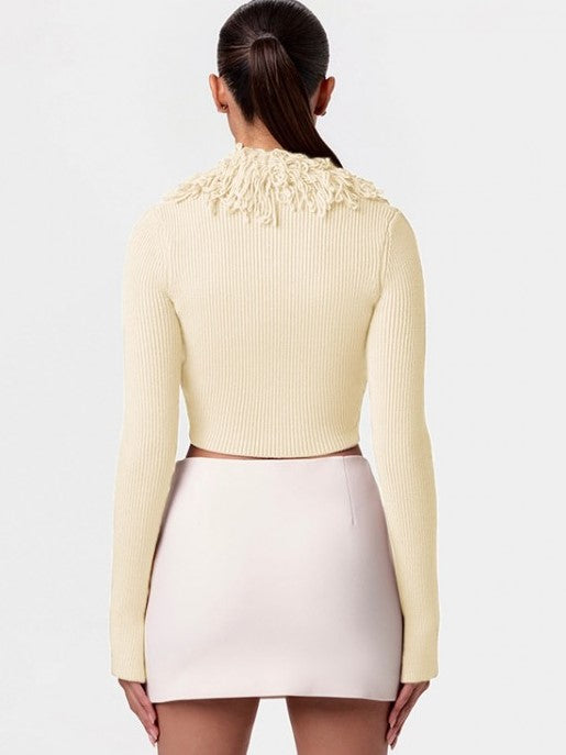 Premium Winter Fashion Fluff Tassel Bodycon Apricot Cropped Cardigan