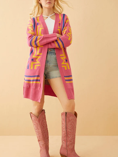 Winer Fashion Pretty Pink Geometric Long Sleeve Cardigan