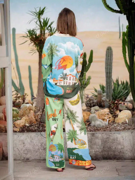 Quirky Beach Print Pants Co Ord Set