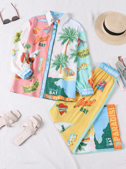 Quirky Beach Print Pants Co Ord Set