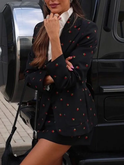 Quirky Strawberry Print Blazer Skirt Co Ord Set - Ships in 24 Hrs