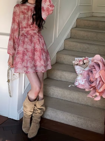 Ravishing Pink Floral Wrap Waist Long Sleeve Dress - Ships in 24 Hrs