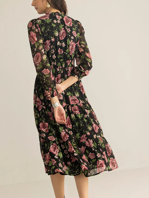 Romantic Floral Long Sleeve Black Dress