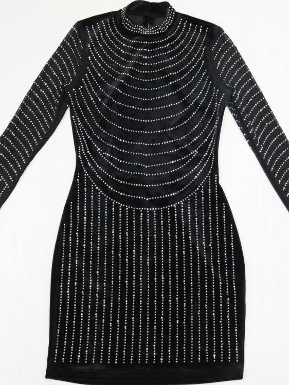 Sexy Backless Rhinestones Long Sleeve Black Dress