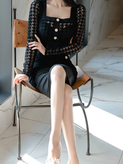 Sexy Lace Through Black Hollow Out Pencil Dress