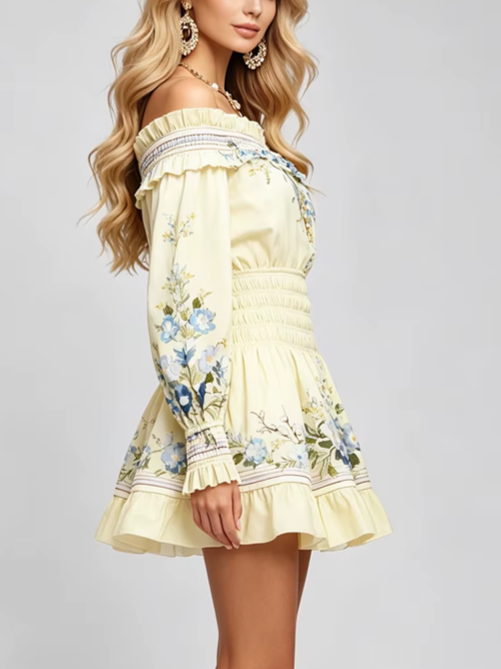 Sexy Slash Neck Printed Long Sleeve Elastic Waist Holiday Dress