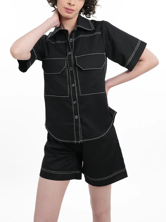 Smart Black Stich Detail Shorts Co Ord Set