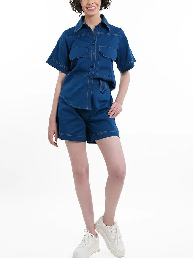 Smart Blue Stich Detail Shorts Co Ord Set