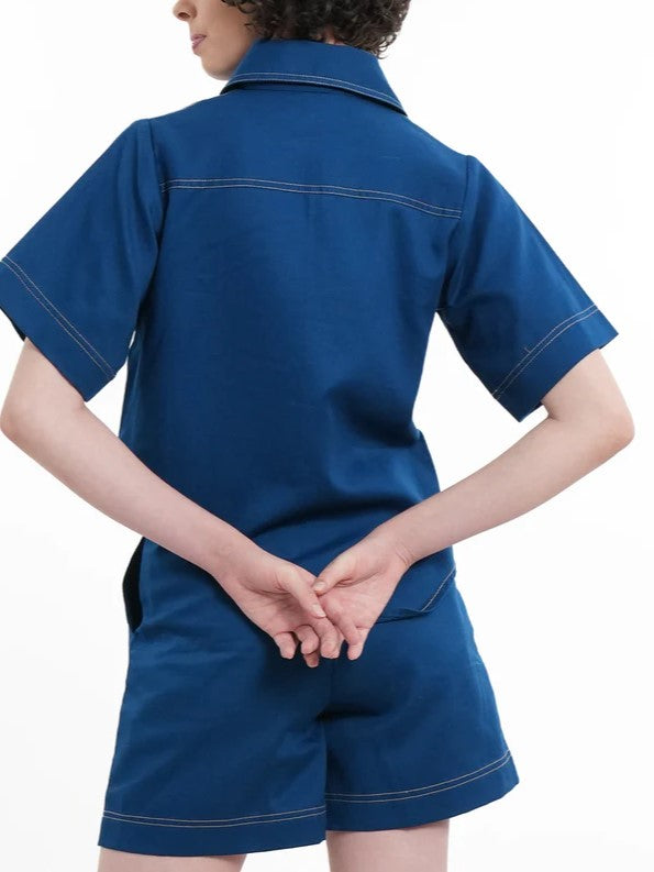 Smart Blue Stich Detail Shorts Co Ord Set