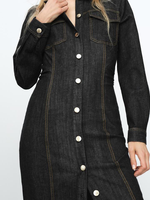 Smart Denim Pocket Decor Collar Black Dress