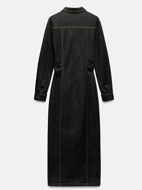Smart Denim Pocket Decor Collar Black Dress