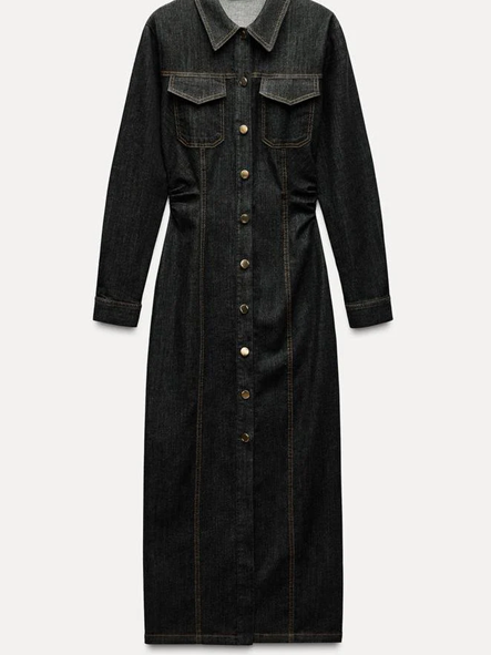 Smart Denim Pocket Decor Collar Black Dress