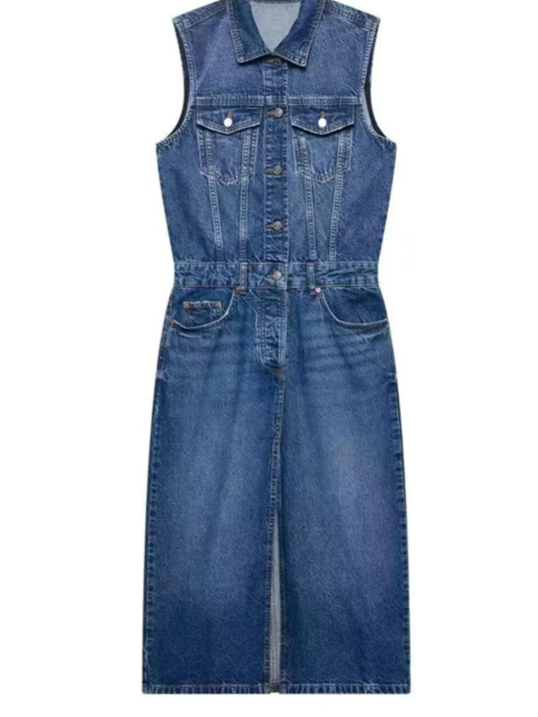 Smart Denim Sleeveless Shirt Dress