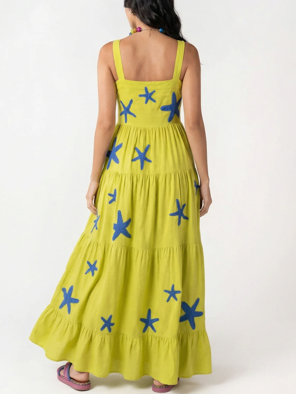 Smart Fish Embroidered Yellow Tiered Maxi Dress