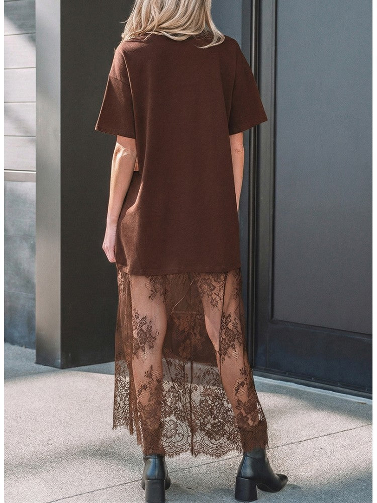 Smart Lace Panel Short Sleeve Comfort Wear Maxi Dress