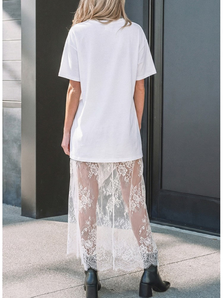Smart Lace Panel Short Sleeve Comfort Wear White Maxi Dress