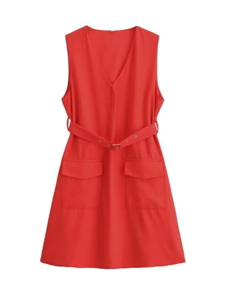 Smart Red Sleeveless Short Dress With Belt