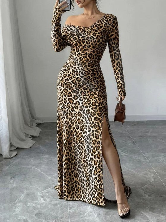 Smart Side Slit Leopard Print Long Sleeve Dress