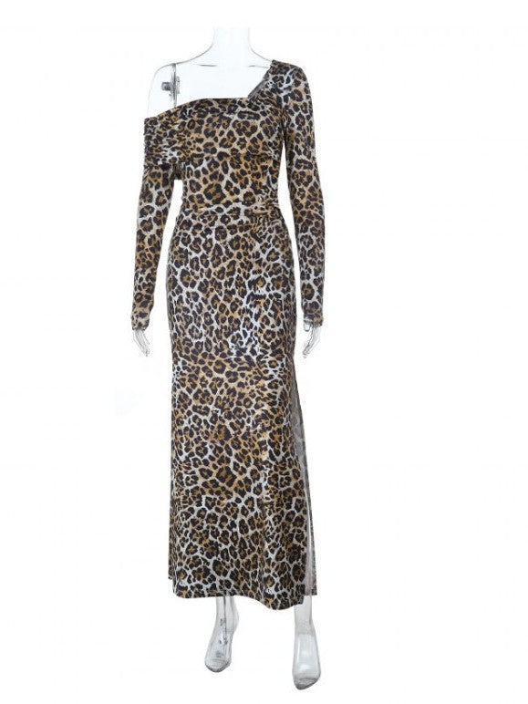 Smart Side Slit Leopard Print Long Sleeve Dress