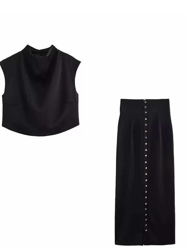 Smart Sleeveless Crop Top With High Waist Skirt Black Set