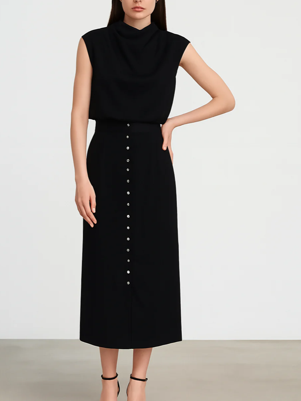 Smart Sleeveless Crop Top With High Waist Skirt Black Set