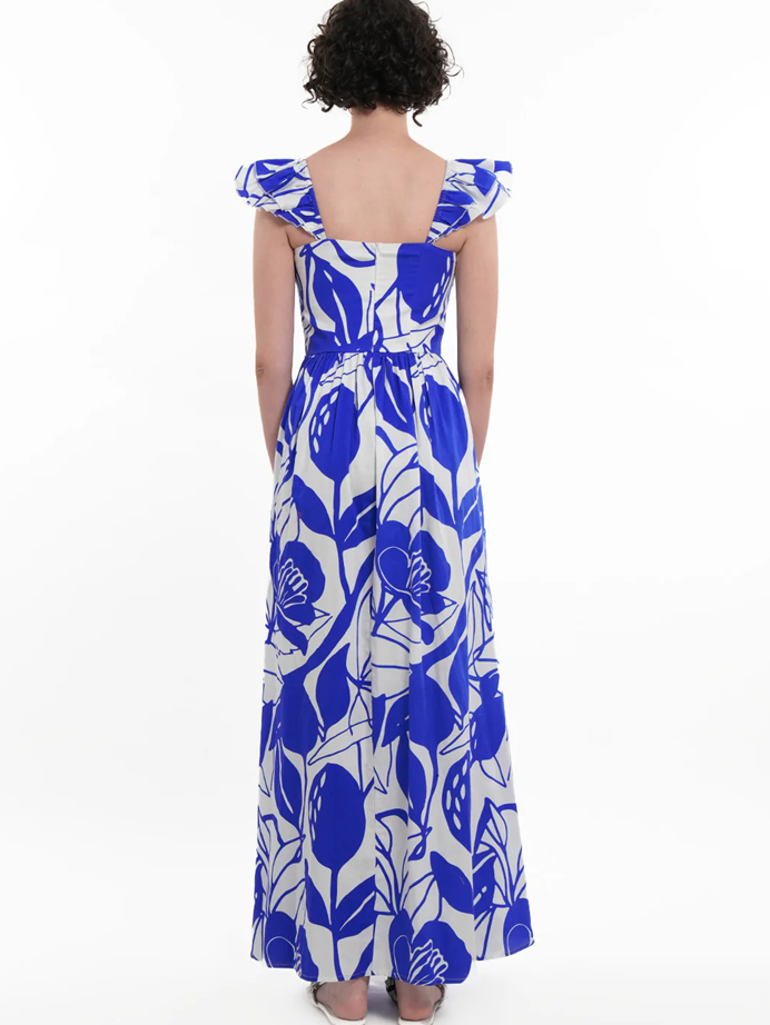Smart Sleeveless Floral Print Blue Maxi Dress