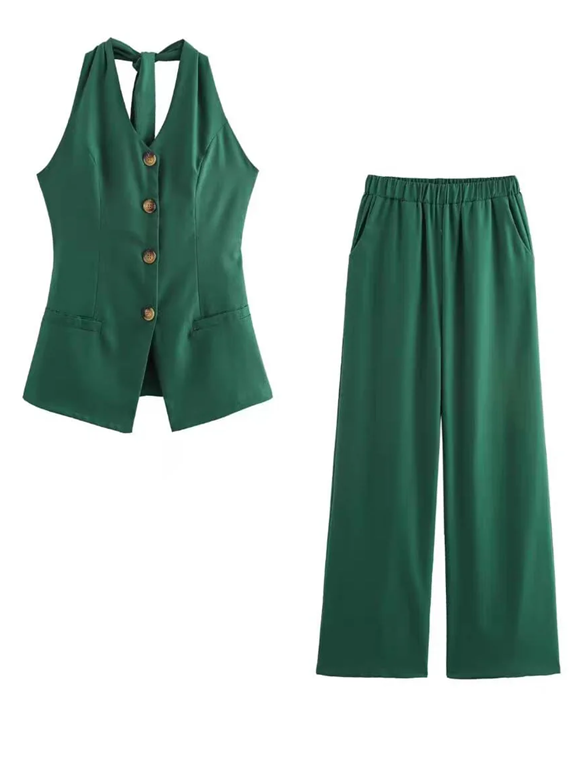 Smart Tied Halter Neck Waist Coat With Wide Leg Pants Green Set