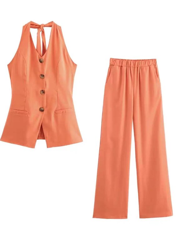 Smart Tied Halter Neck Waist Coat With Wide Leg Pants Orange Set