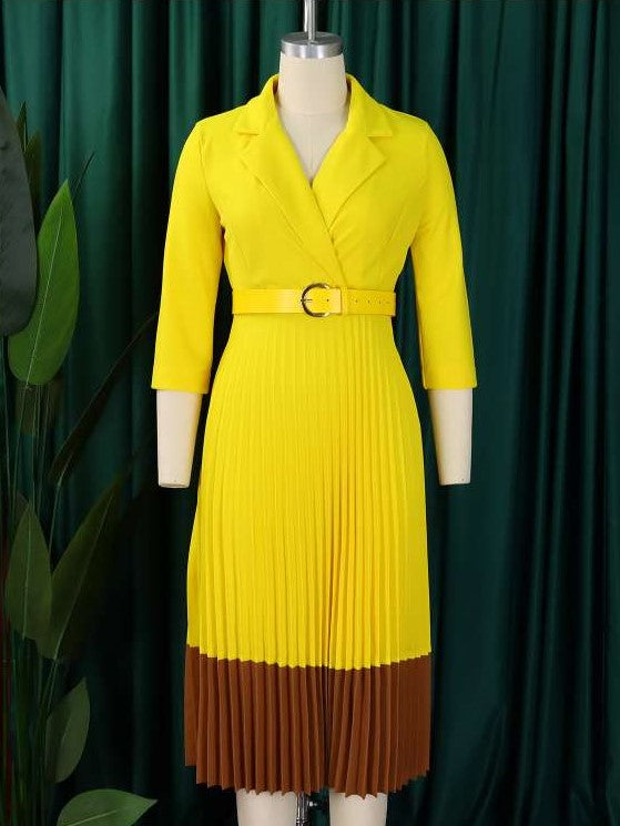 Smart Workwear Pleated Colorblock Long Sleeve Yellow Dress With Belt - Ships in 24 Hrs
